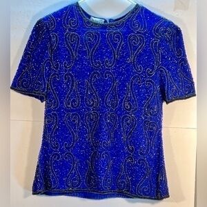 VINTAGE STENAY DEEP BLUE EVENING DRESS OR COCKTAIL BEADED TOP SIZE MEDIUM